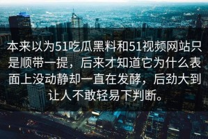 本来以为51吃瓜黑料和51视频网站只是顺带一提，后来才知道它为什么表面上没动静却一直在发酵，后劲大到让人不敢轻易下判断。